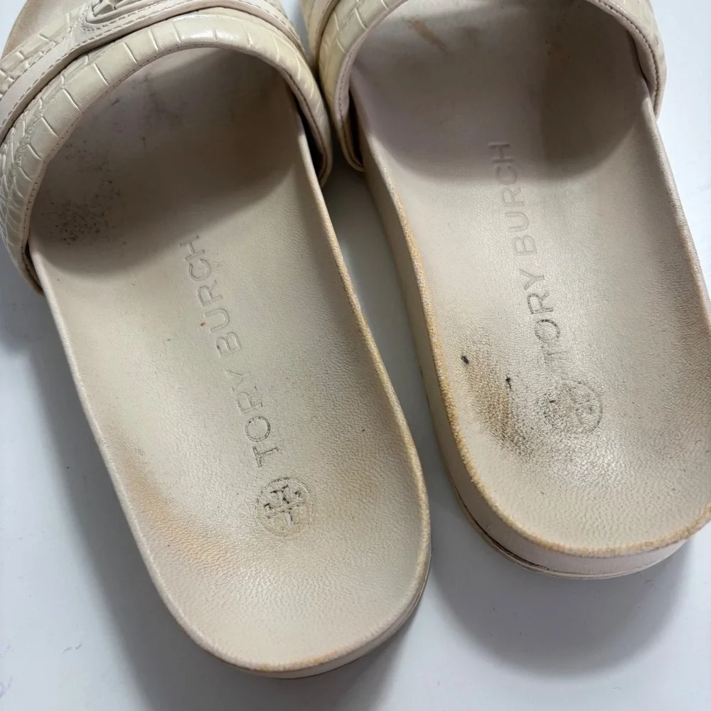 Tory Burch Miller Cloud Cream Croc Embossed Leather Slide Sandals 8M